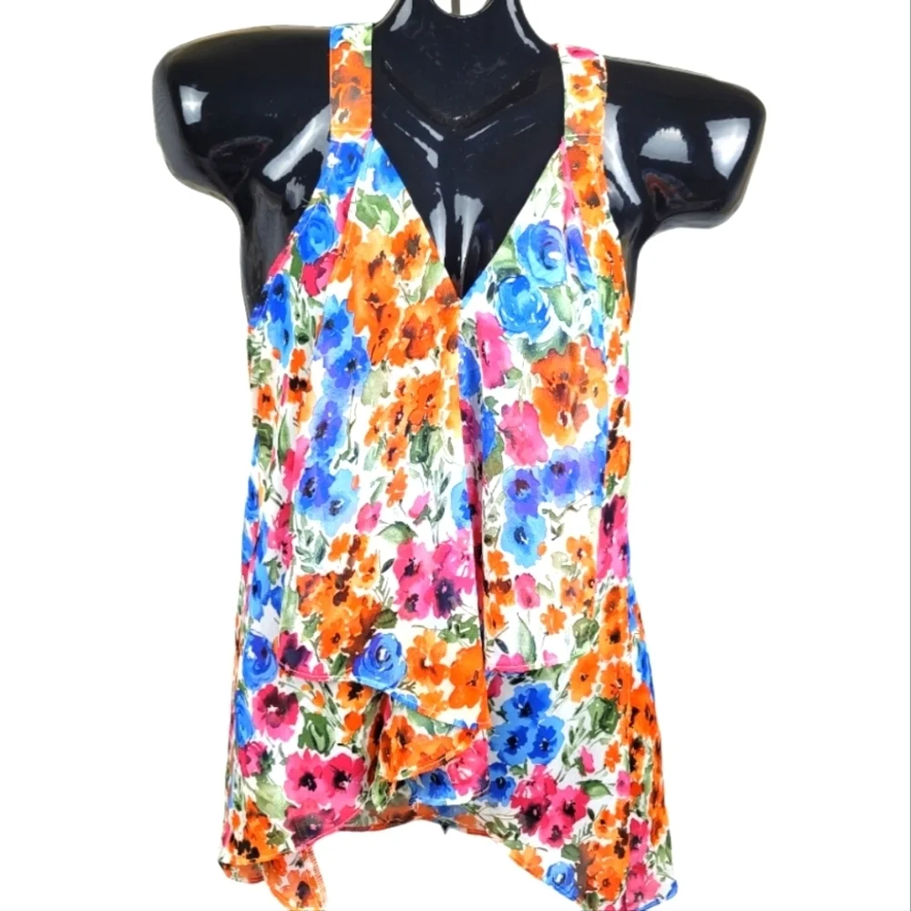 POETRY Flowy Spring Floral Print Hi-Lo Racerback Front Ruffle Top - Picture 10 of 11